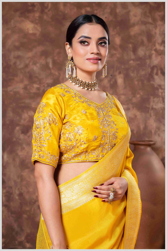 Zari Elegance in Mustard Tissue Saree With Work Blouse.