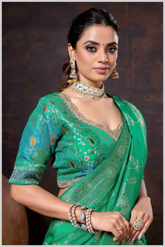 Elegant Green Banarasi Silk Saree with Floral Zari Weaving & Designer Blouse