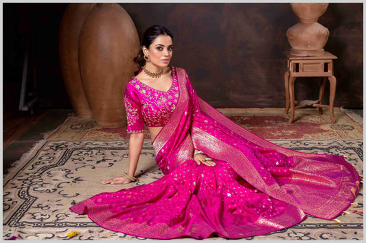 Vibrant Rani Pink Zari Banarasi Silk Saree with Embroidered Stitched Blouse
