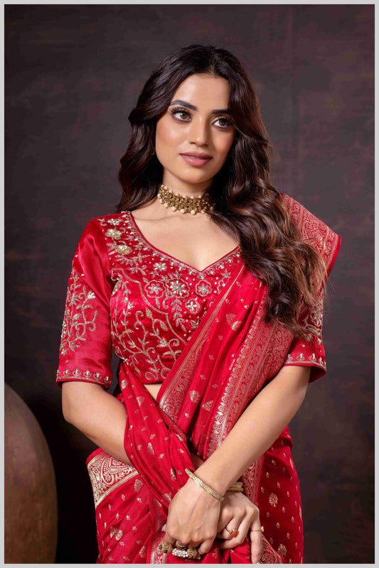 Vibrant Red Zari Banarasi Silk Saree with Embroidered Stitched Blouse