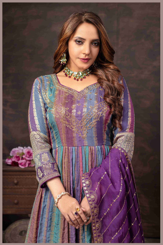 Royal Purple Multicolor Georgette Gown with Zari Embroidered Dupatta