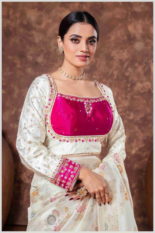 off-white Banarasi Silk Saree with Multicolor Floral Weaves