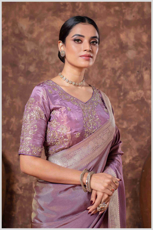 Zari Elegance in Lavender Tissue Saree With Work Blouse.