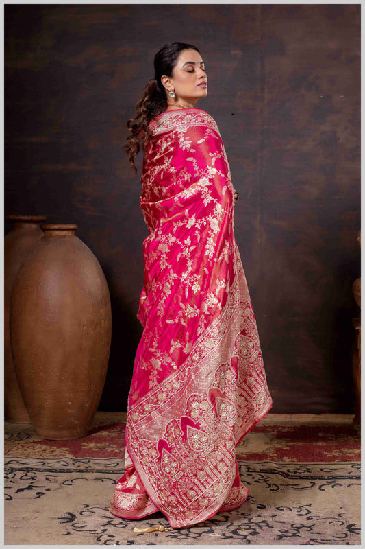Grace in Bloom: Dark Pink Tissue Saree with Woven Floral Vines