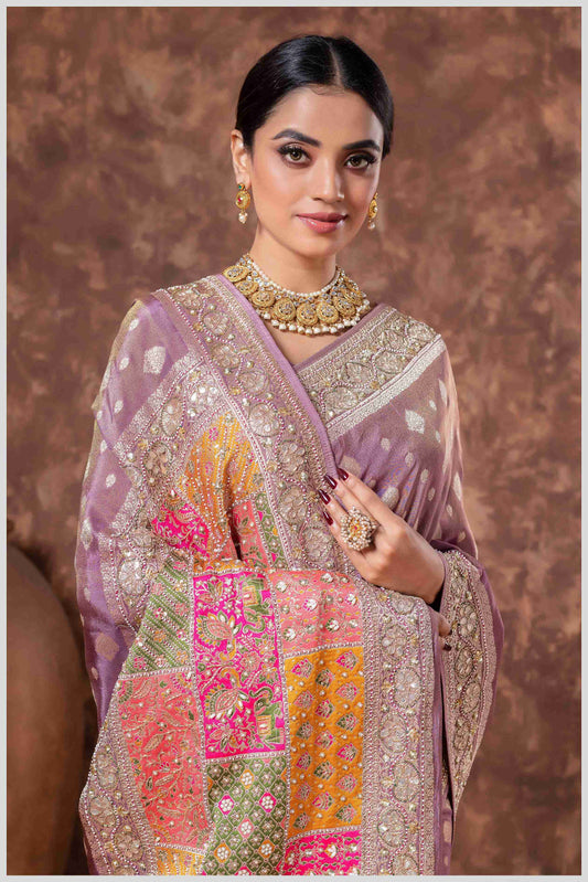 Magenta Banarasi Saree with Mirror Border & Patched Pallu