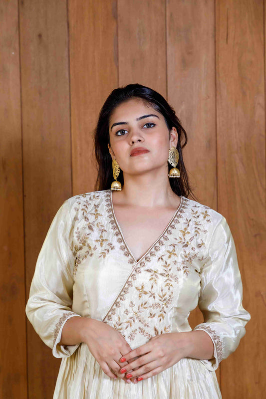 off-white Tissue Silk Anarkali Gown with Banarasi Dupatta