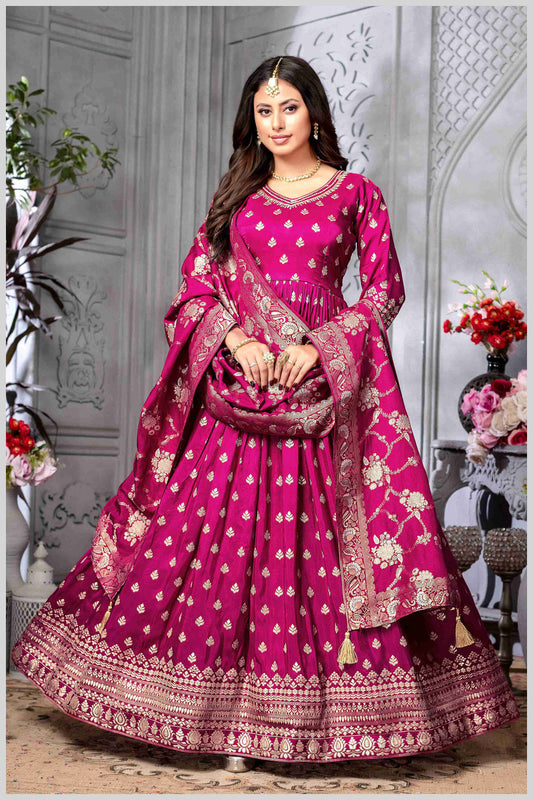 Dark pink Silk Anarkali Gown with Zari Weave and Butta Work