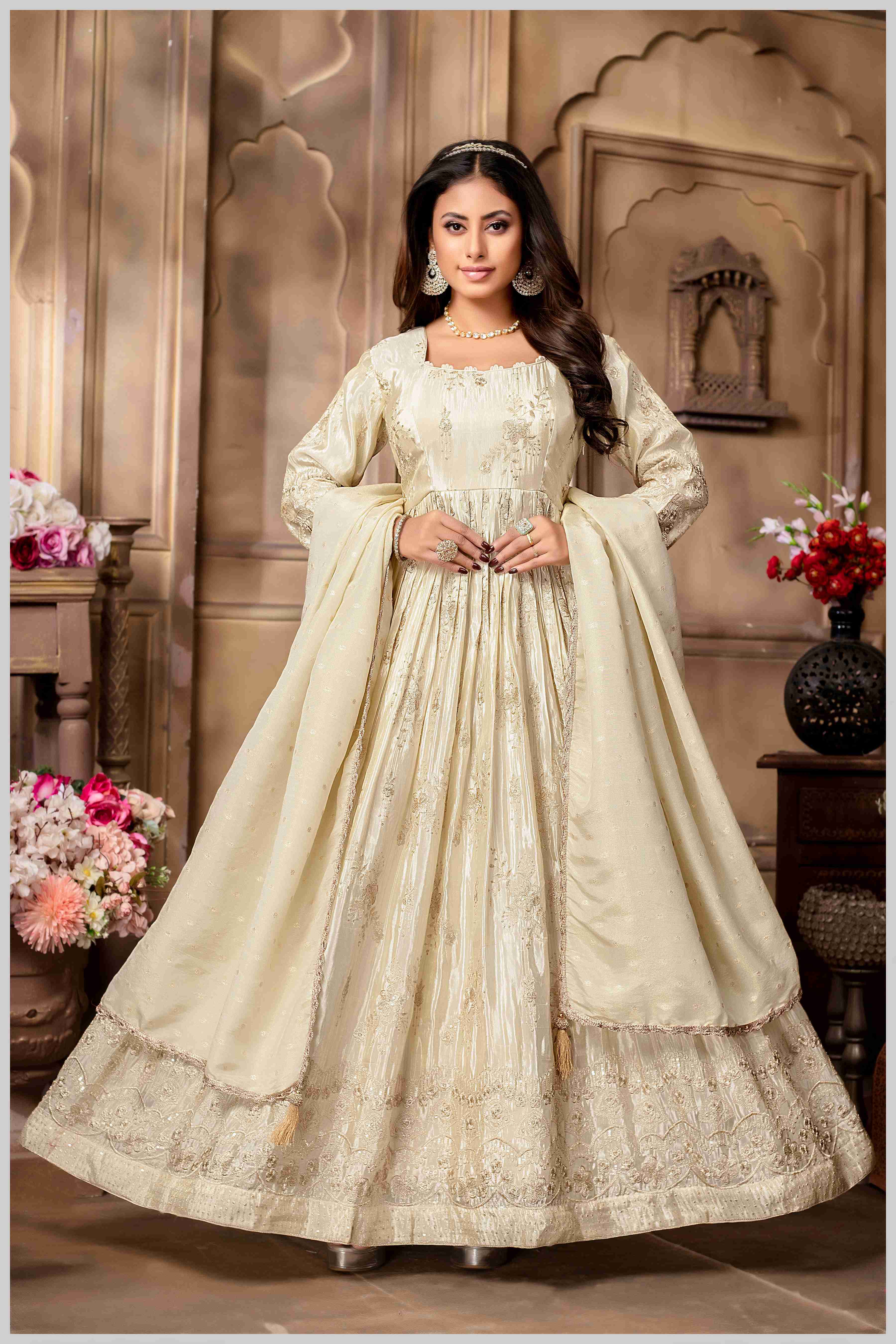 white and golden anarkali dress White lovers this one is specially for you , Our latest White Anarkali with all-over golden zari work , What a combination. What a pattern. What a glow!, The white + gold combo is just WOW ,