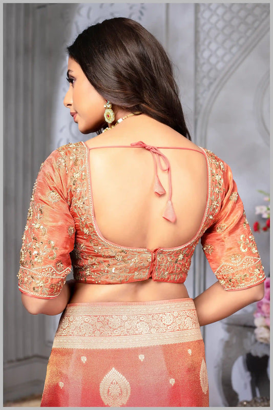 Coral Pink Banarasi Tissue Silk Saree with Golden Zari Elegance