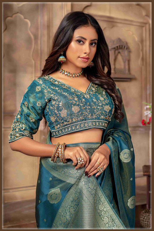 Lime Peacock blue Banarasi Tissue Silk Saree with gold Zari Elegance