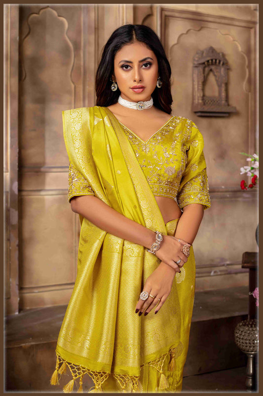 Lime Yellow Banarasi Tissue Silk Saree with Golden Zari Elegance