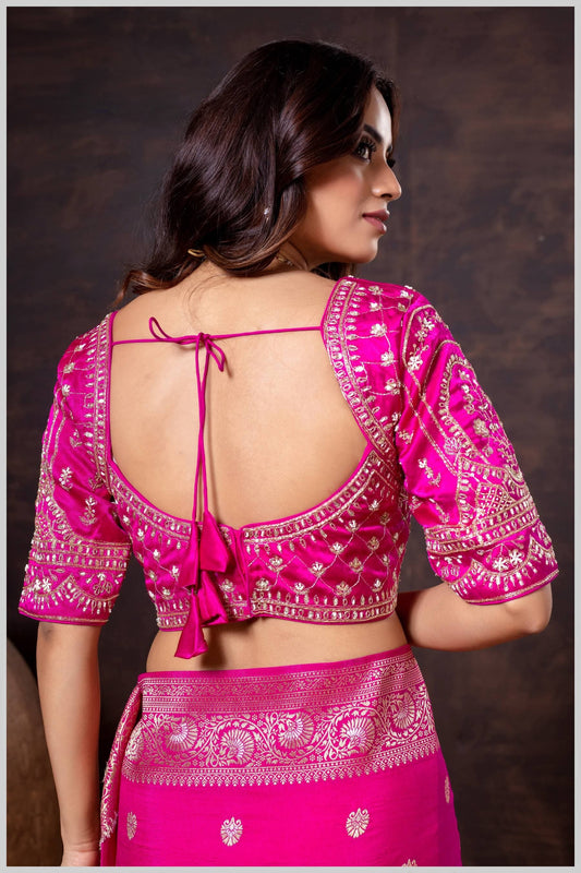 Rani Pink Gajji Silk Blouse with Floral Zari and Mirror Hand Embroidery