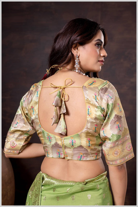 Lime Green Position Print Blouse with Floral Weave & Embellished Border