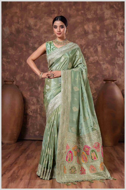 Mehendi Tissue Saree with Hand Embroidered Border