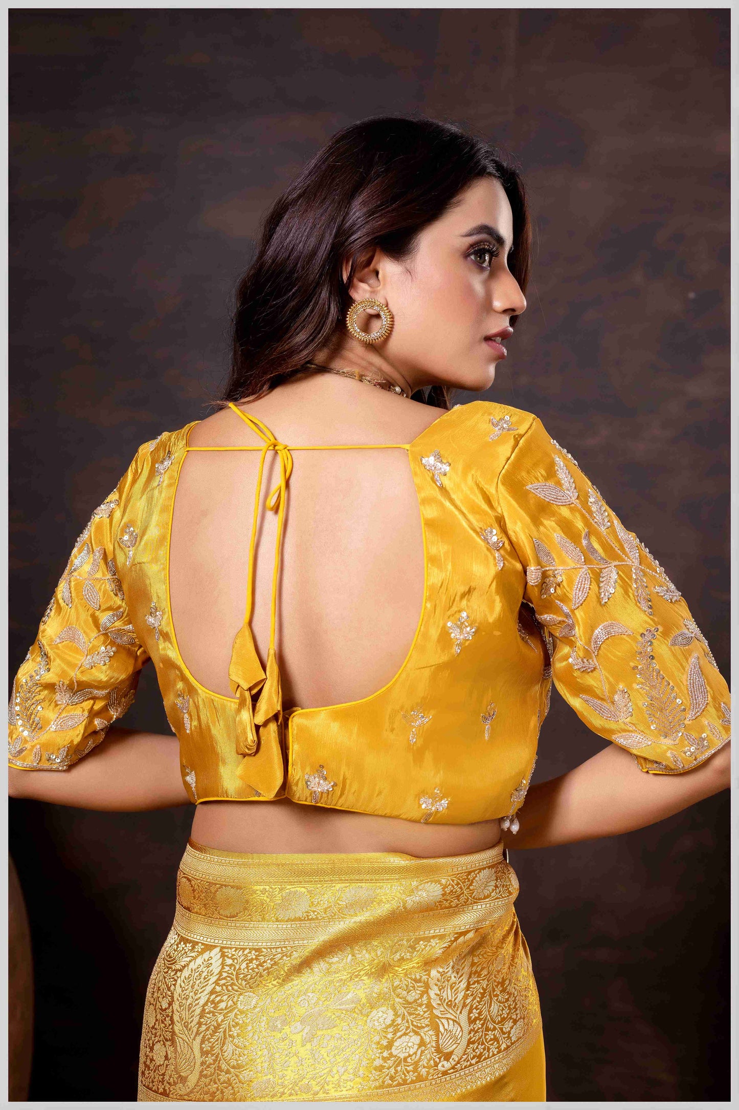 Elegant Mustard Designer Tissue Saree with Embellished Blouse.