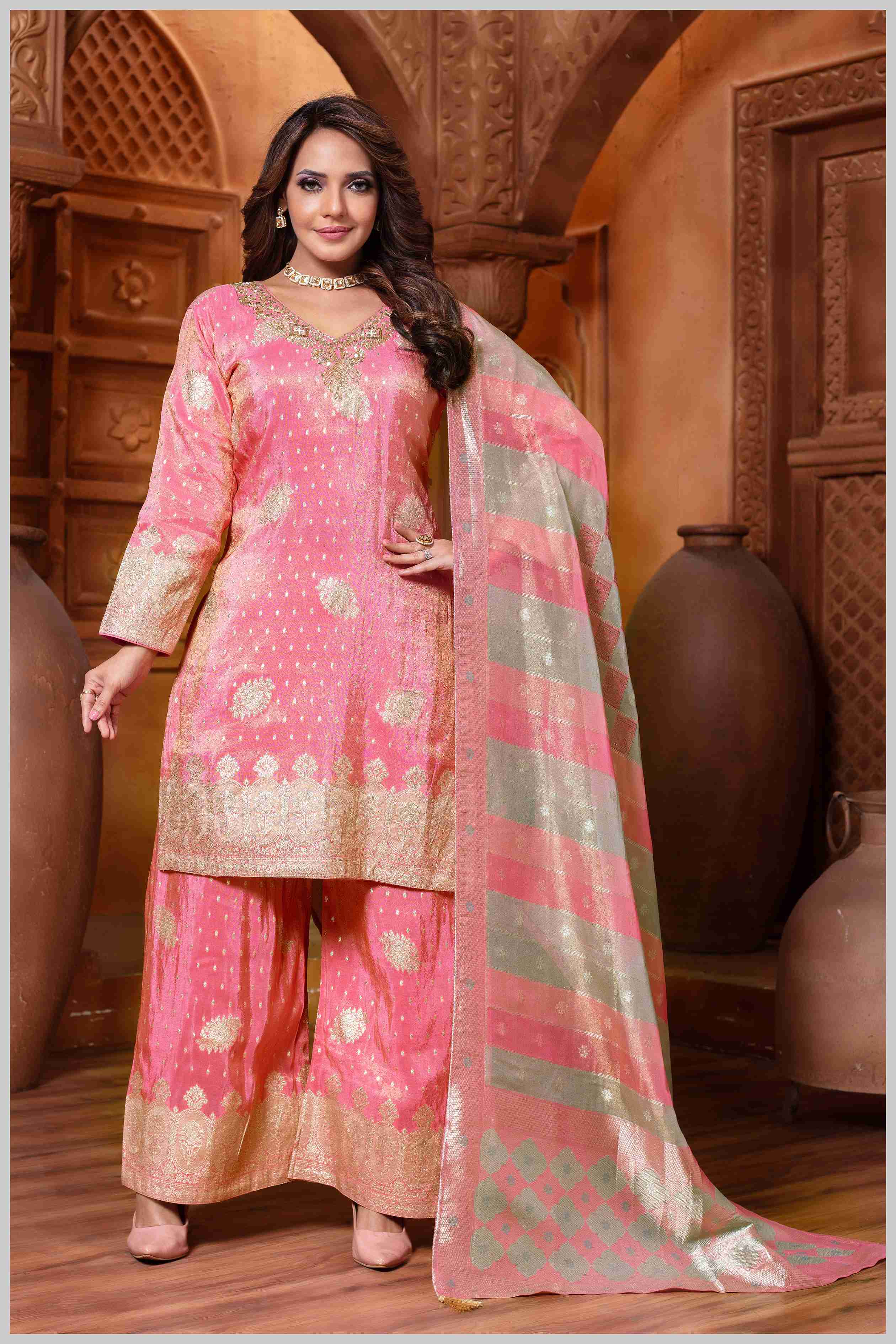 Pink Tissue Plazo Set with Zari Woven Detailing