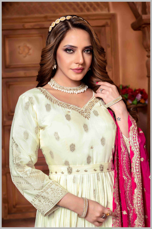 Off White Anarkali with Contrasting Rani Pink Dupatta