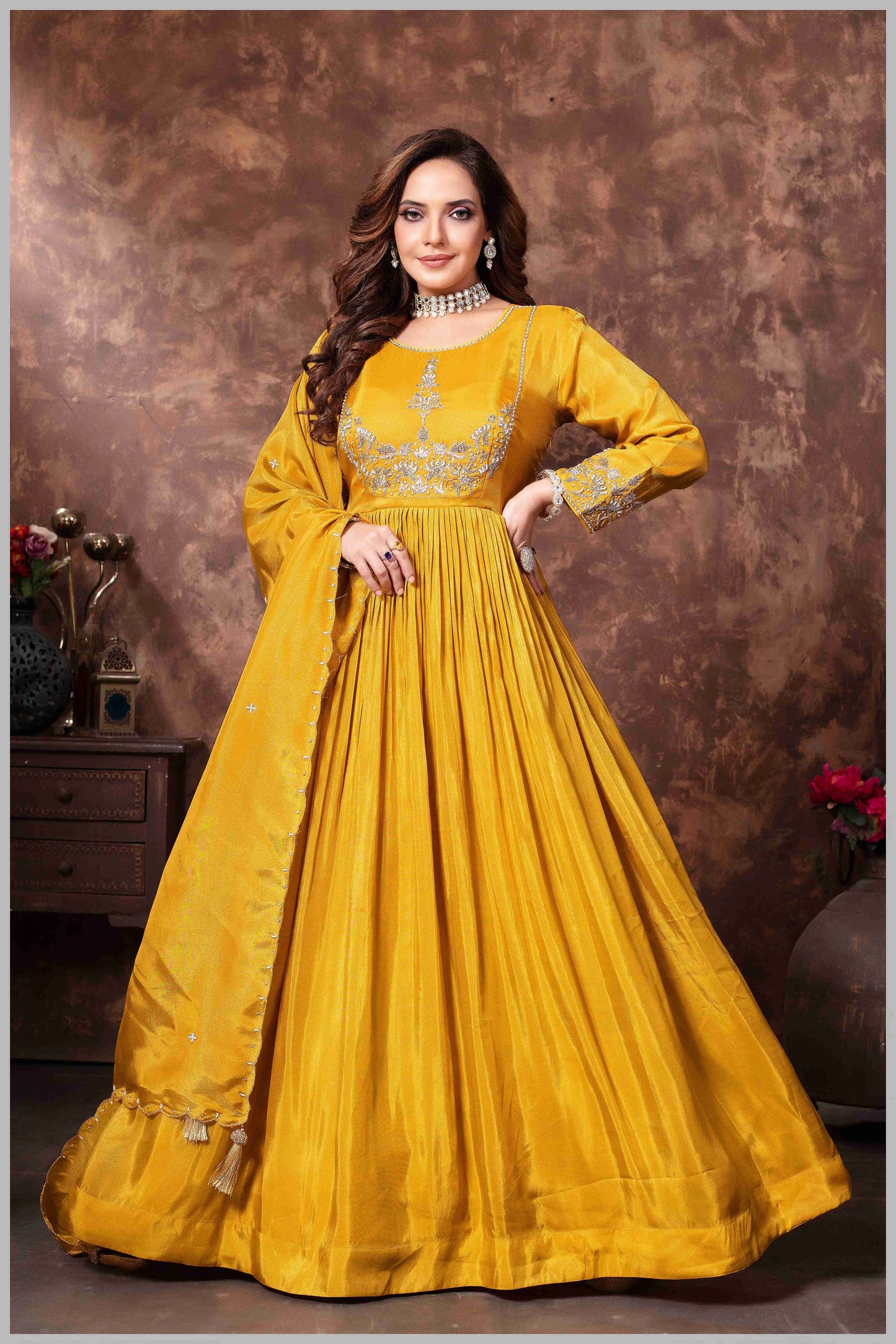 Mustard Anarkali with Golden Thread Embroidery