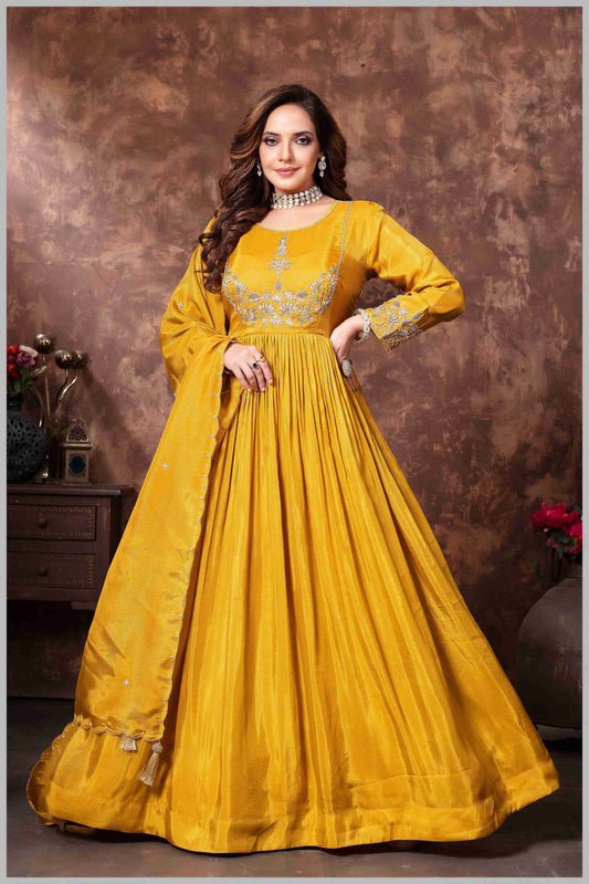 Mustard Anarkali with Golden Thread Embroidery