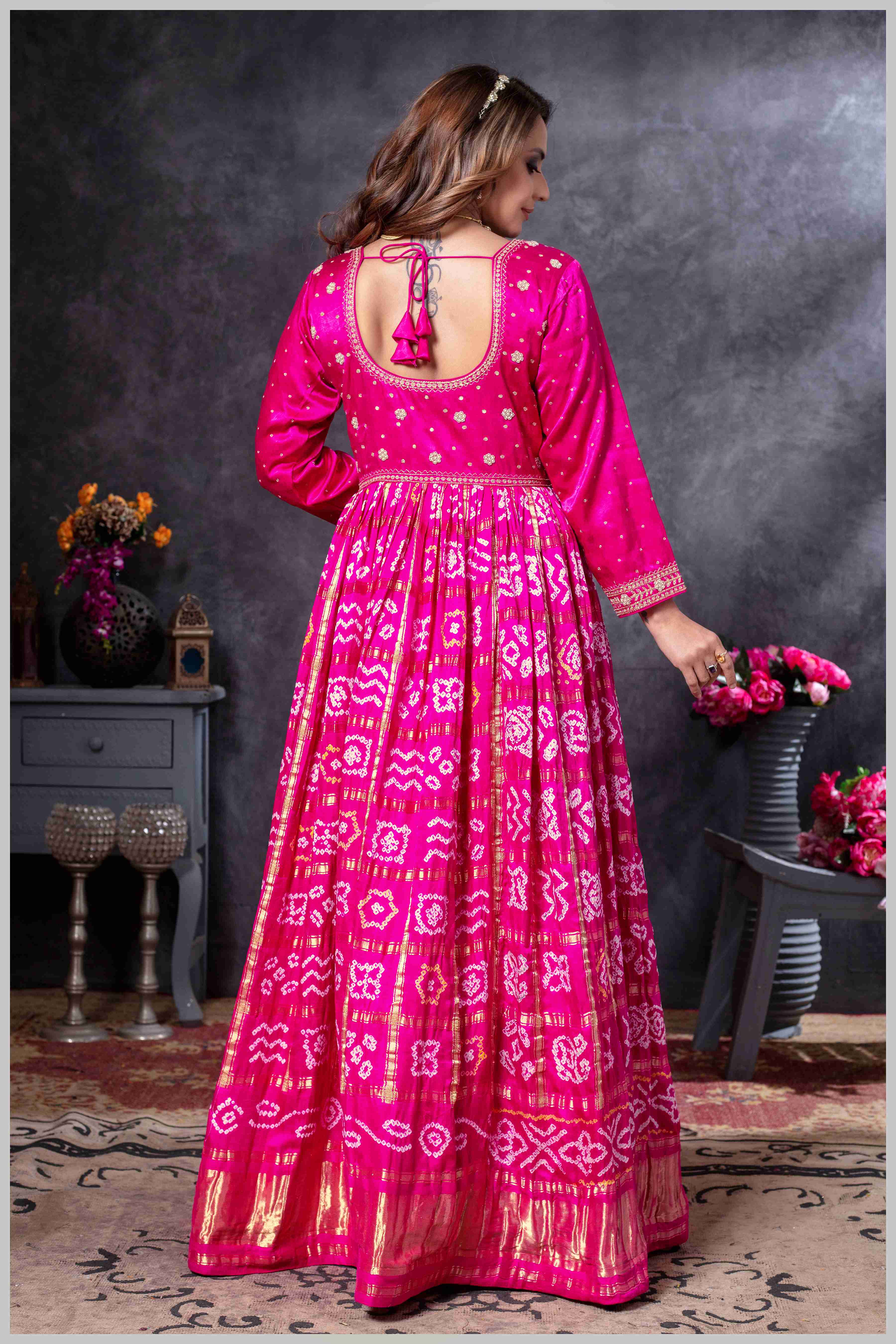 Pink Mirror Anarkali with Bandhej-Style Dupatta