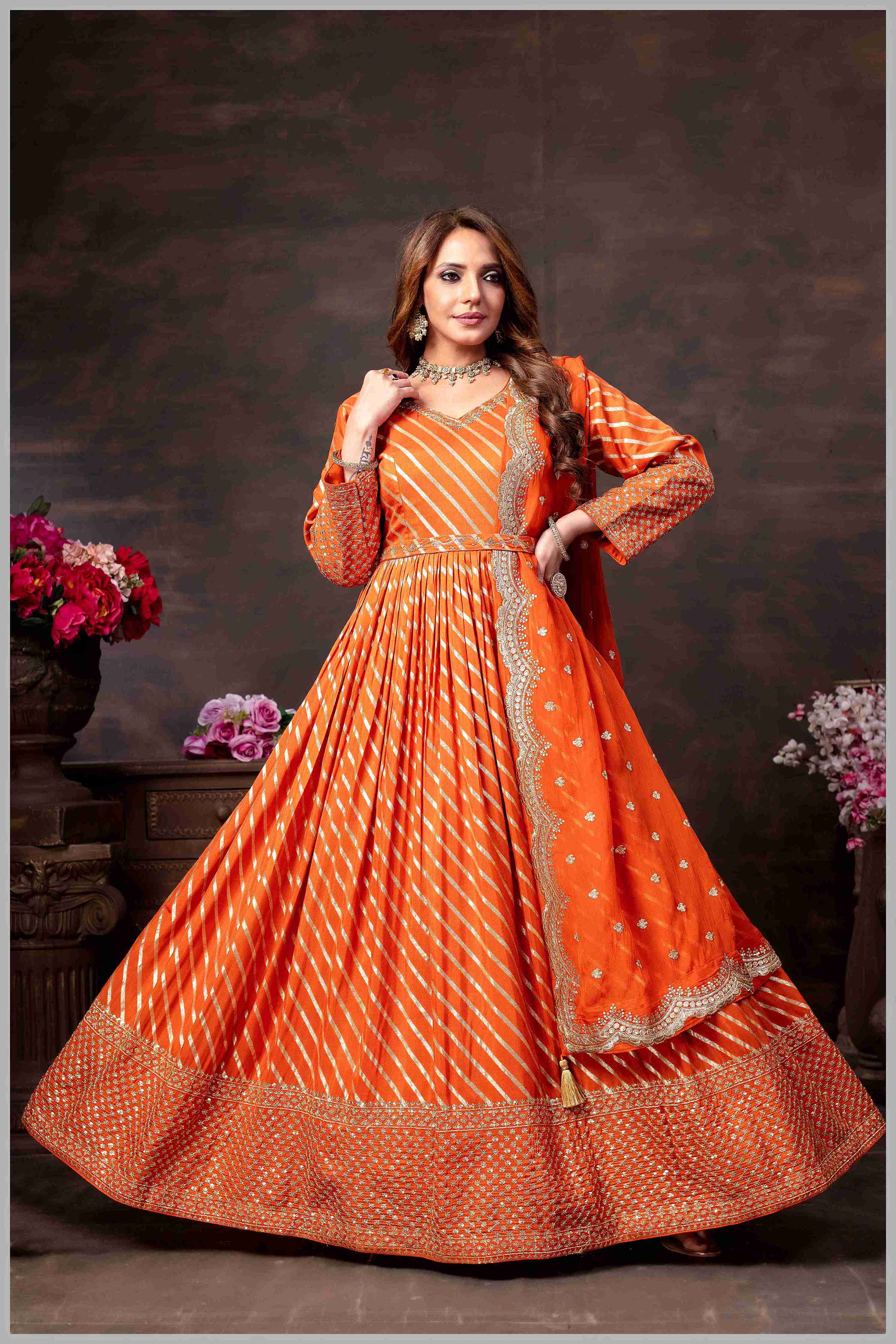 Rust Anarkali with Mirror Work