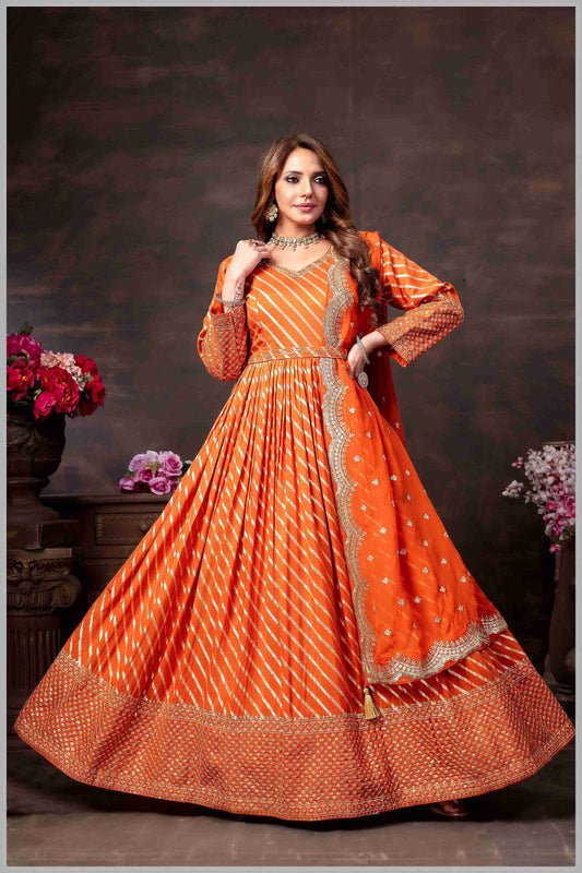 Rust Anarkali with Mirror Work