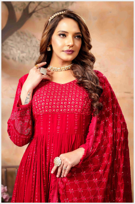 Red Lucknowi Anarkali Gown with Mirror Work and Embroidered Dupatta