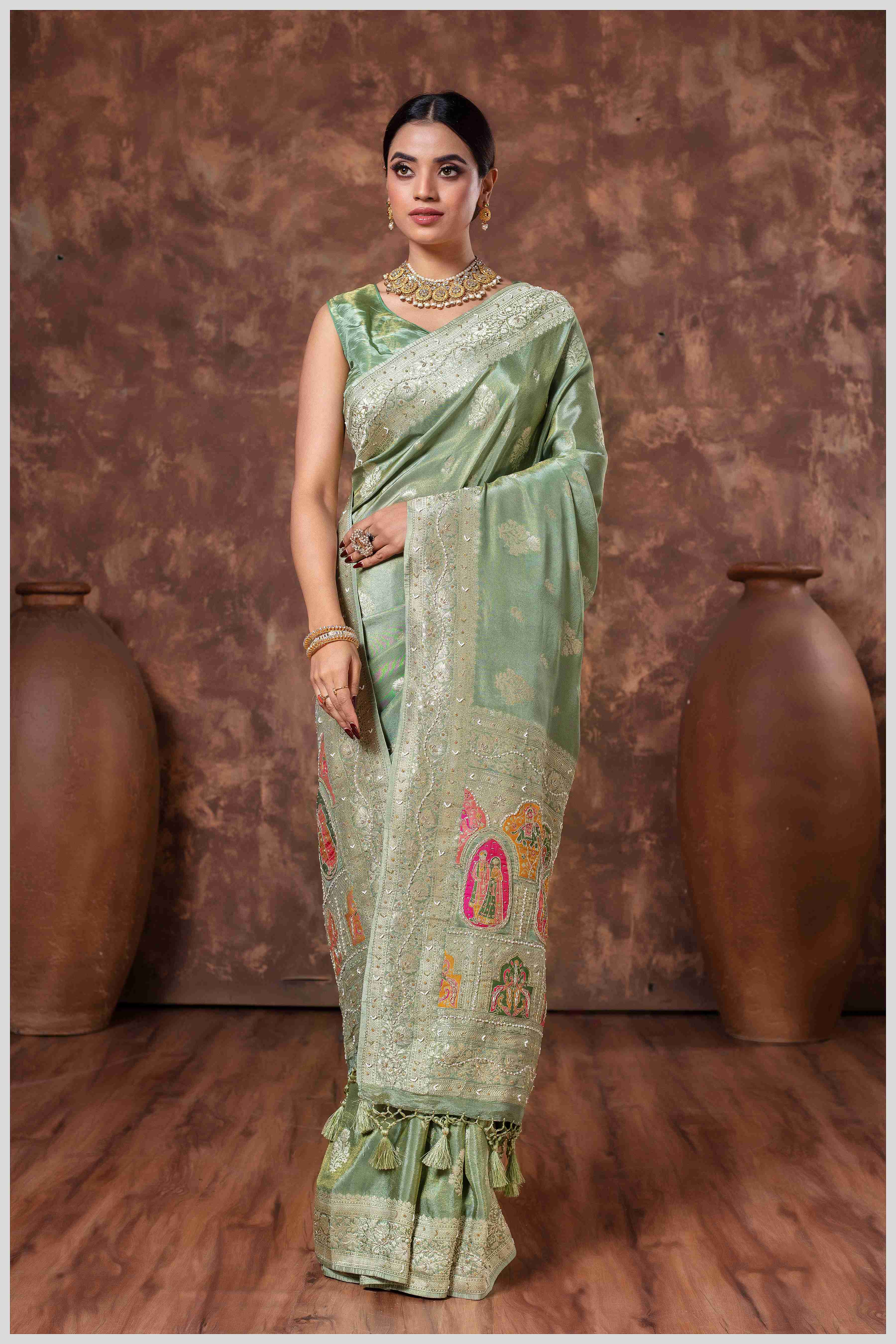 Mehendi Tissue Saree with Hand Embroidered Border