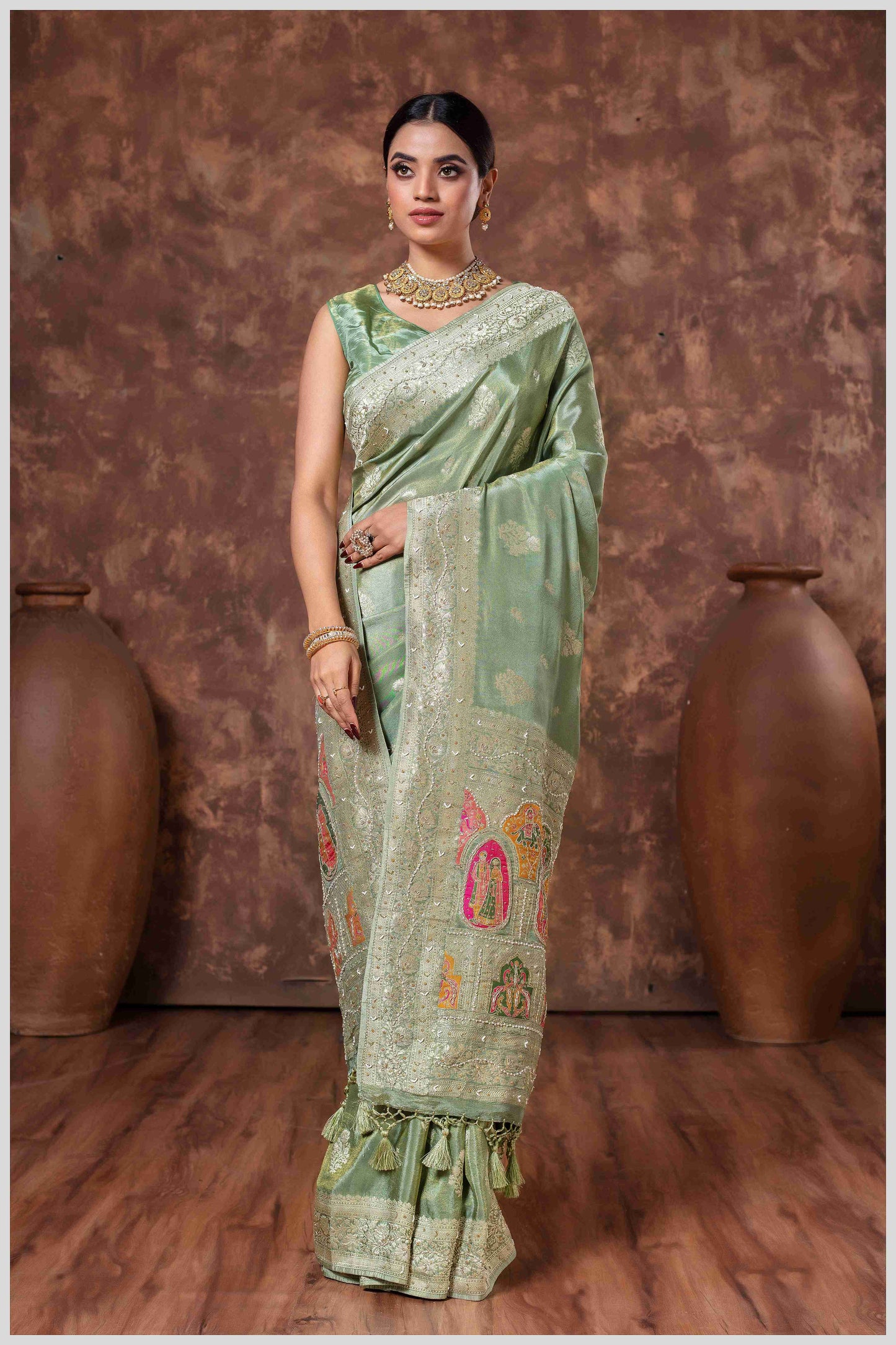 Mehendi Tissue Saree with Hand Embroidered Border