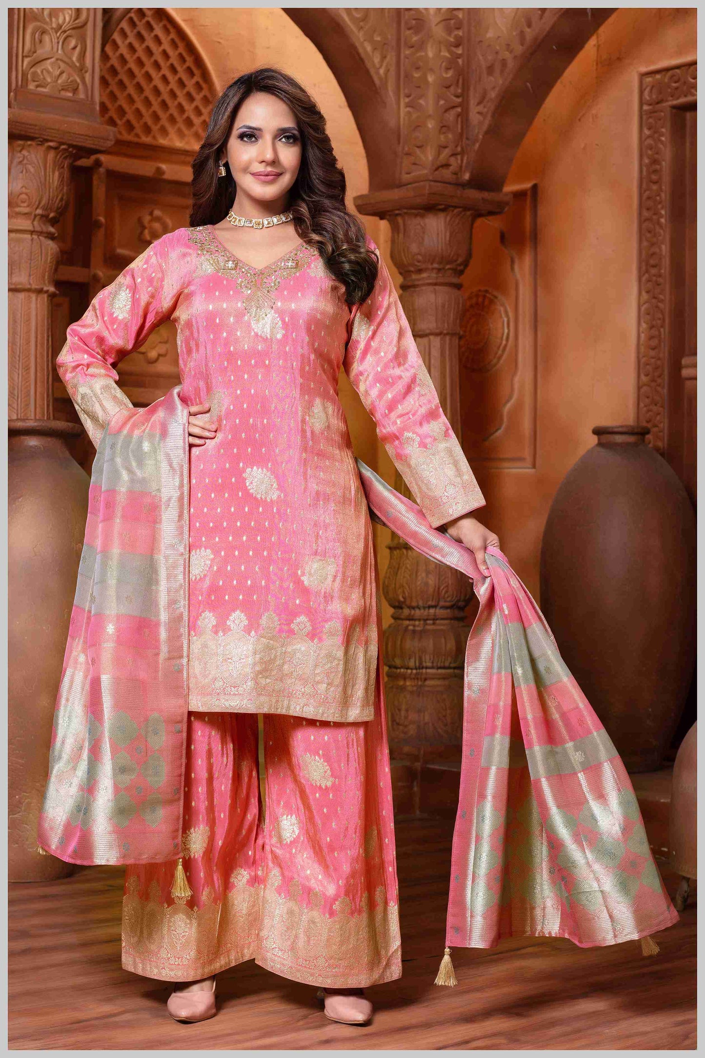 Pink Tissue Plazo Set with Zari Woven Detailing