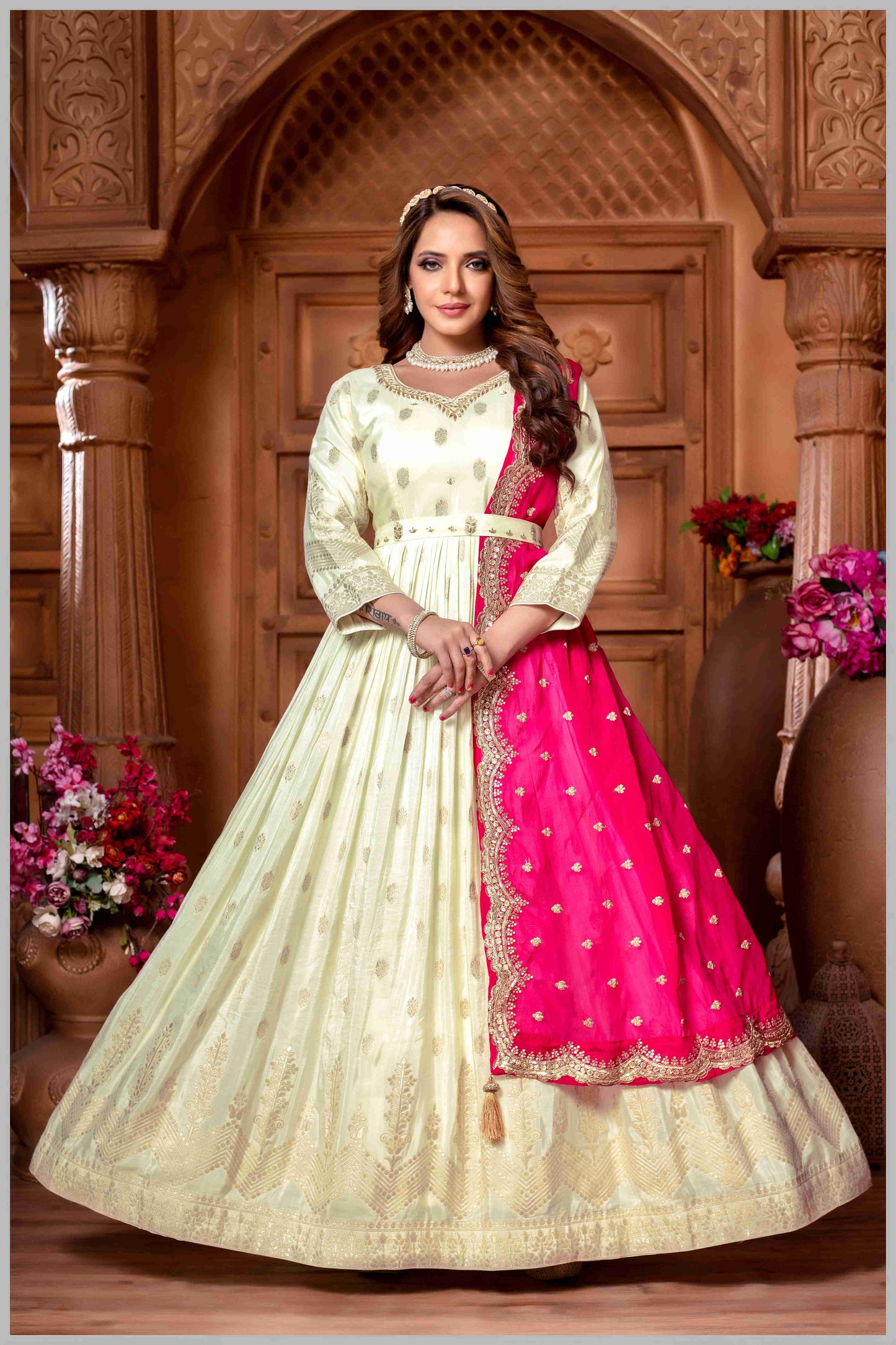 Off White Anarkali with Contrasting Rani Pink Dupatta