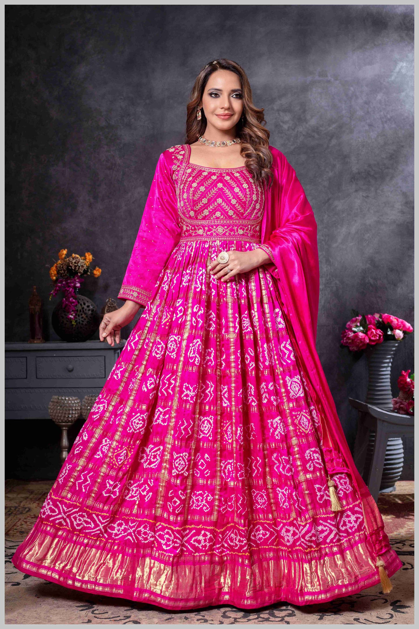 Pink Mirror Anarkali with Bandhej-Style Dupatta