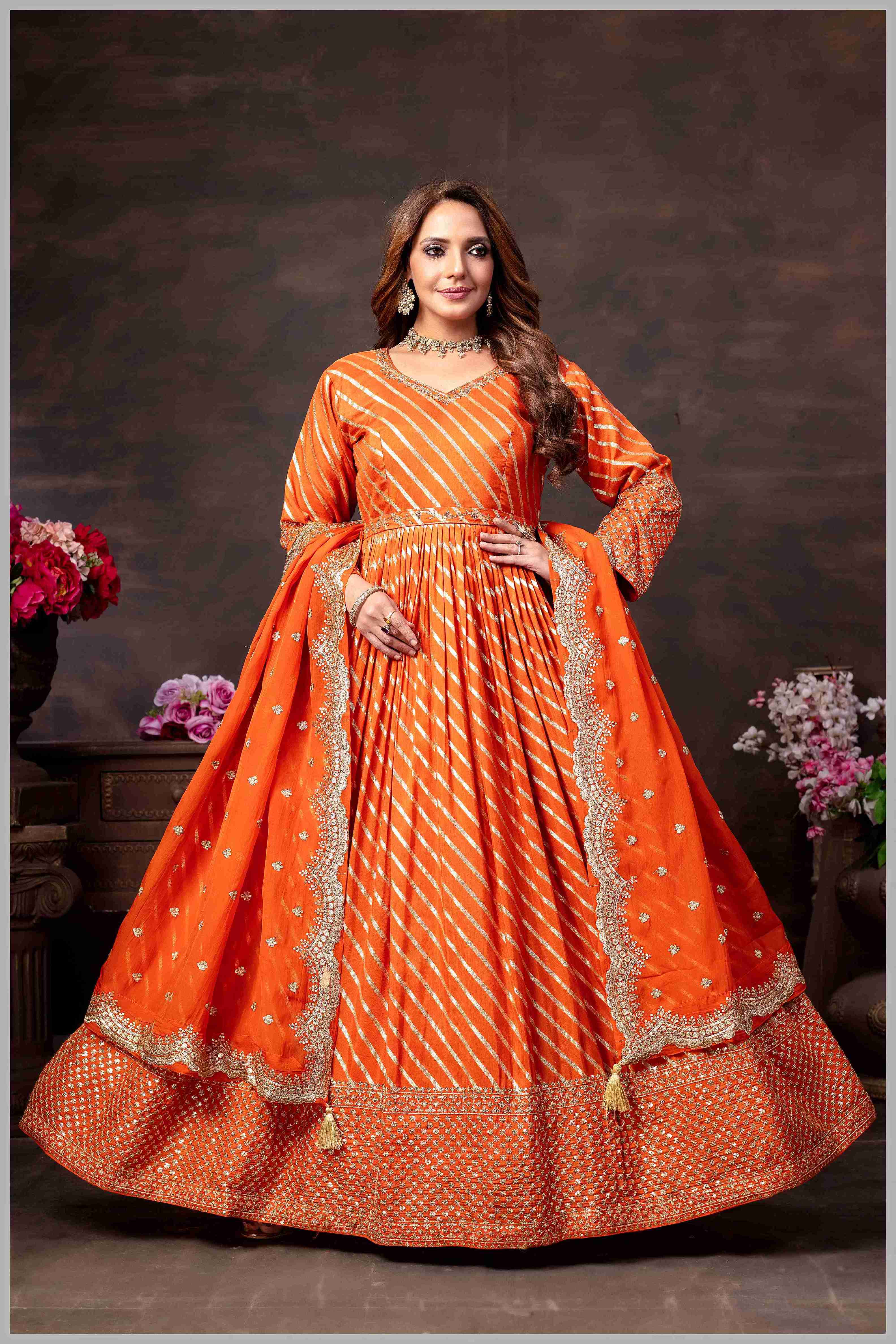 Rust Anarkali with Mirror Work