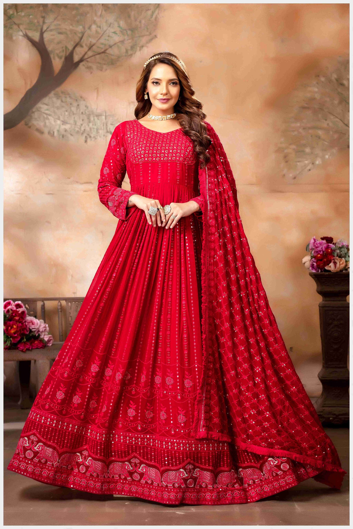 Red Lucknowi Anarkali Gown with Mirror Work and Embroidered Dupatta