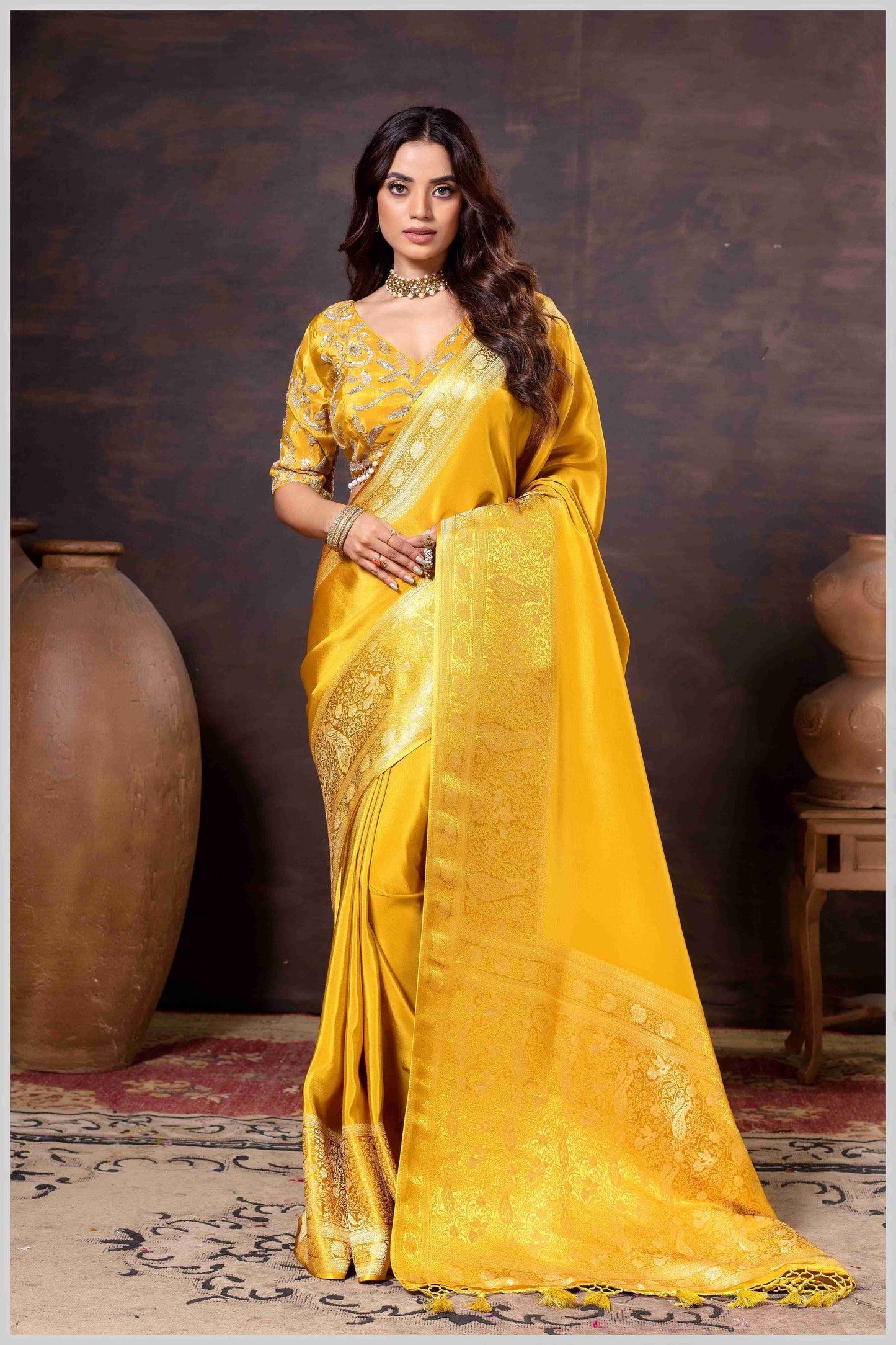 Elegant Mustard Designer Tissue Saree with Embellished Blouse.