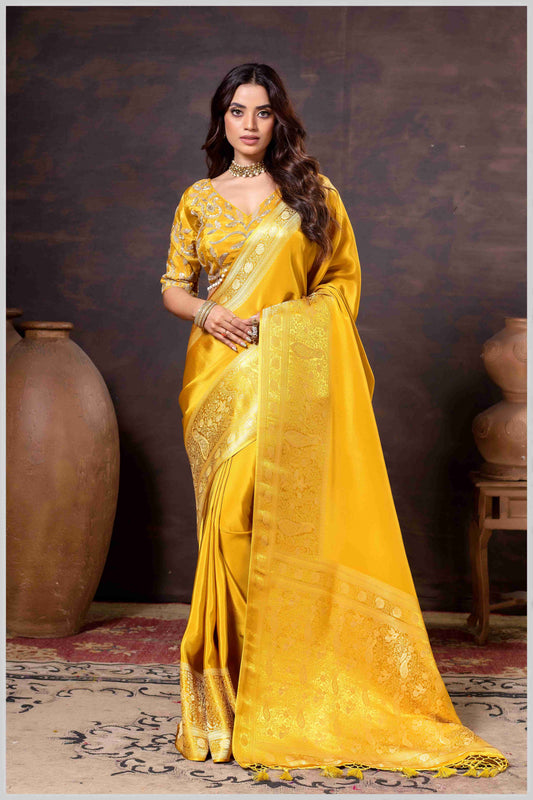 Elegant Mustard Designer Tissue Saree with Embellished Blouse.