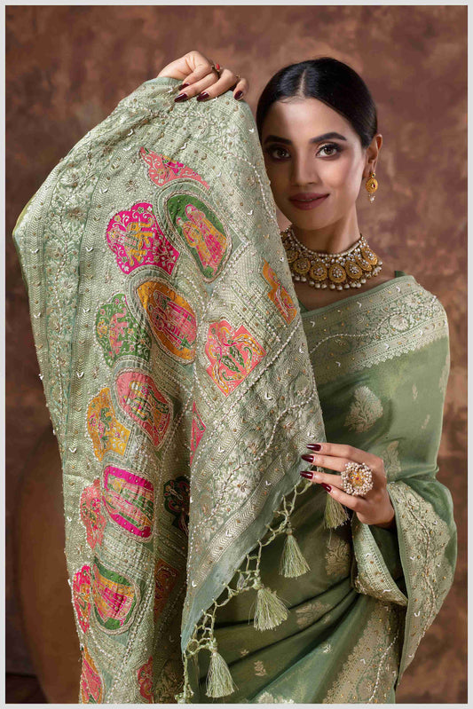 Mehendi Tissue Saree with Hand Embroidered Border