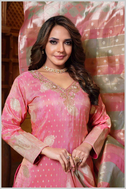 Pink Tissue Plazo Set with Zari Woven Detailing