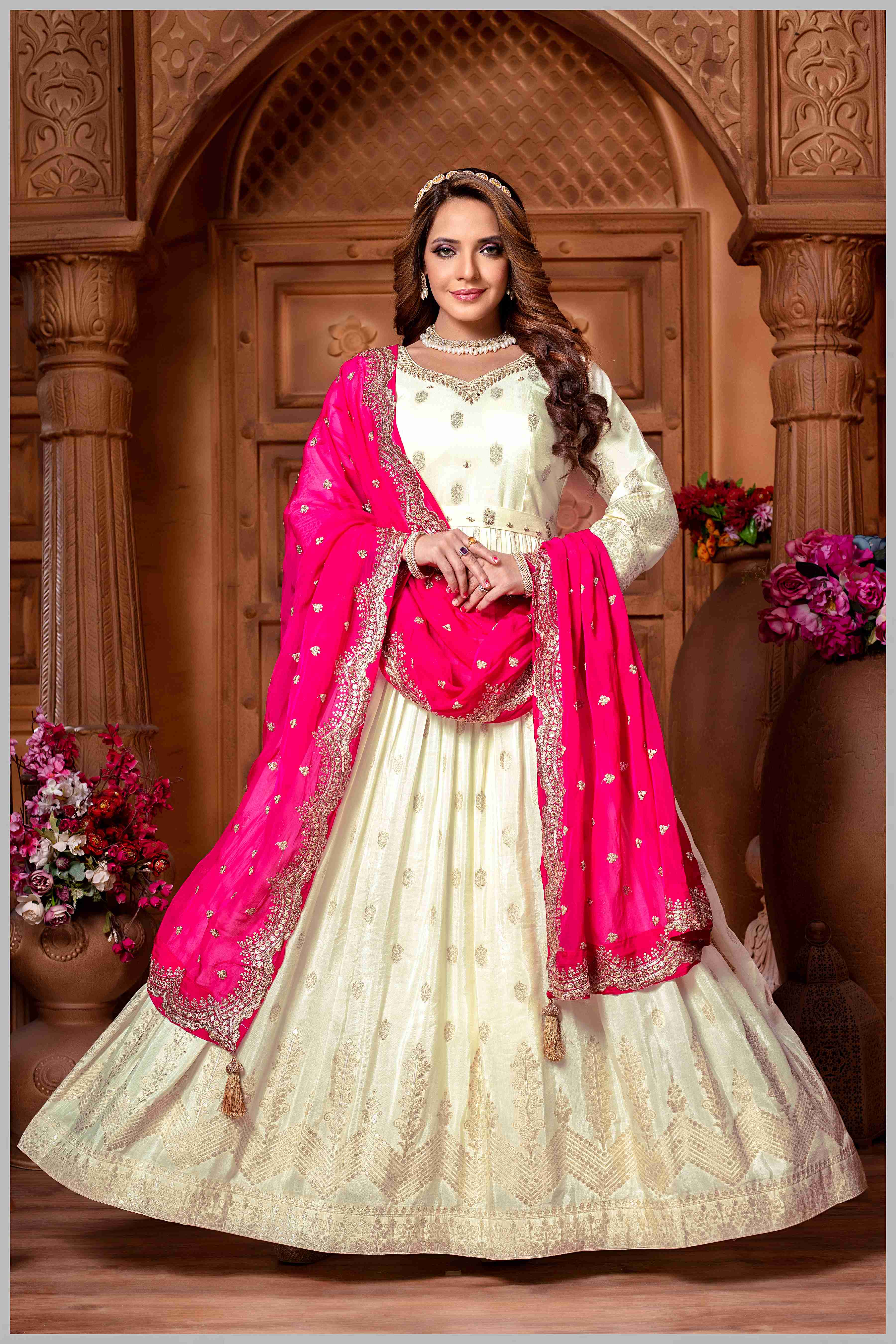 Off White Anarkali with Contrasting Rani Pink Dupatta