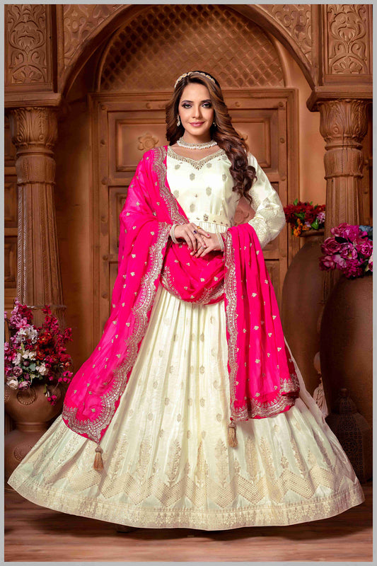 Off White Anarkali with Contrasting Rani Pink Dupatta