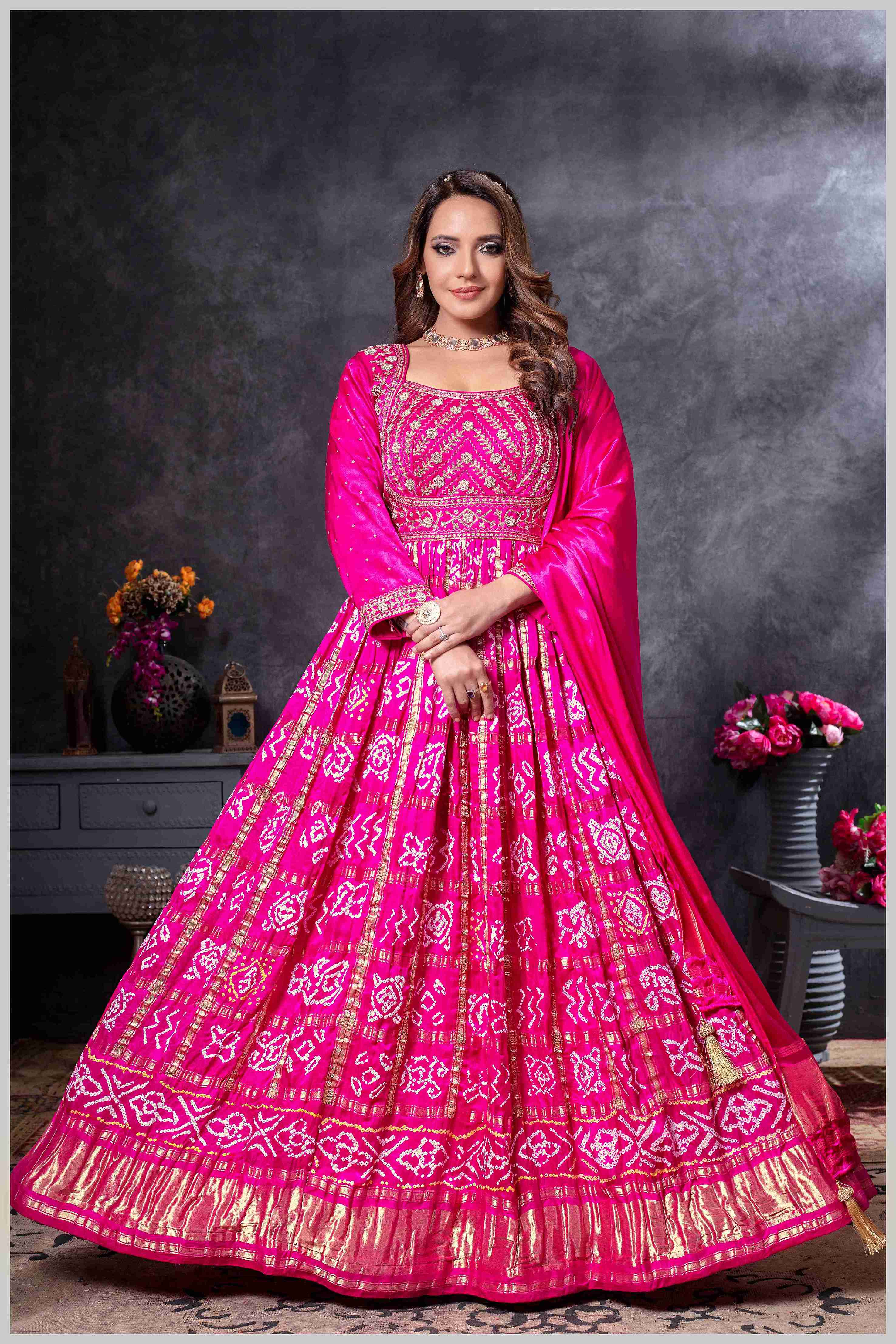 Pink Mirror Anarkali with Bandhej-Style Dupatta
