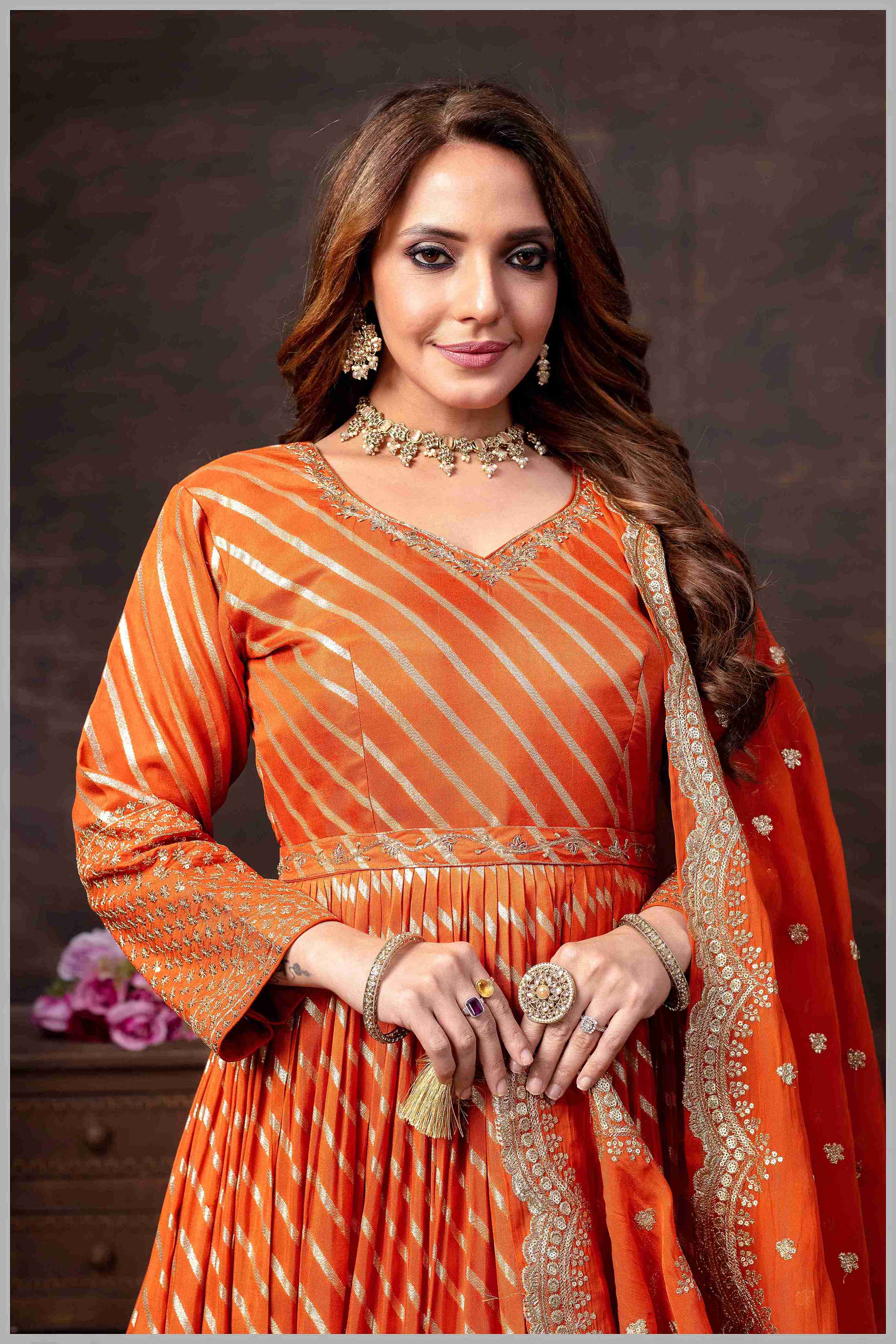 Rust Anarkali with Mirror Work