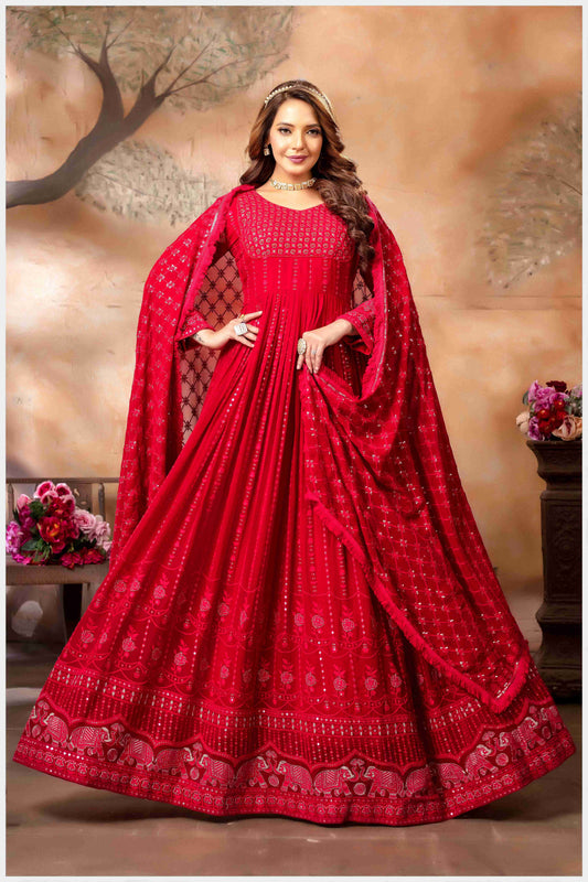 Red Lucknowi Anarkali Gown with Mirror Work and Embroidered Dupatta