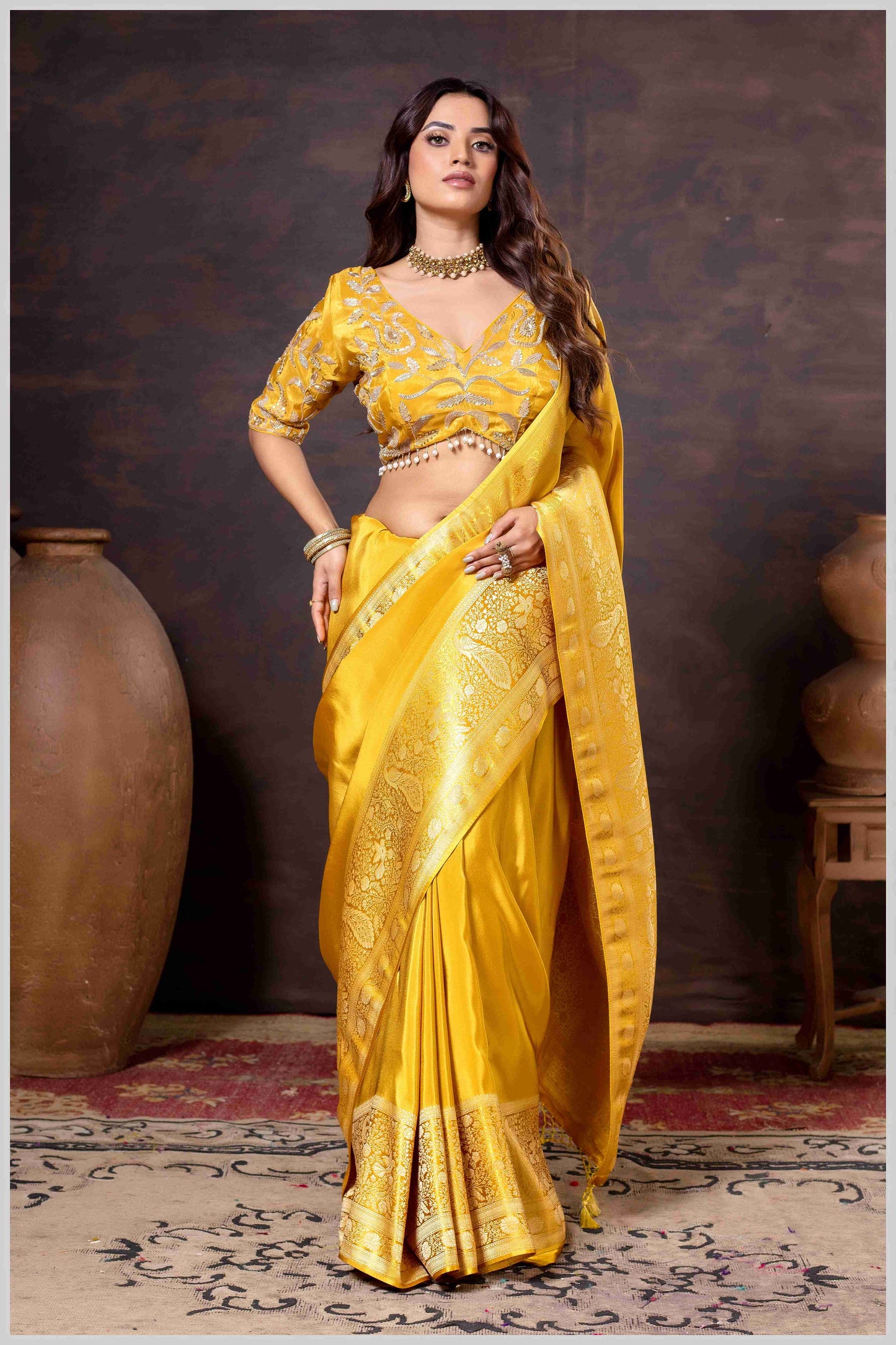 Elegant Mustard Designer Tissue Saree with Embellished Blouse.