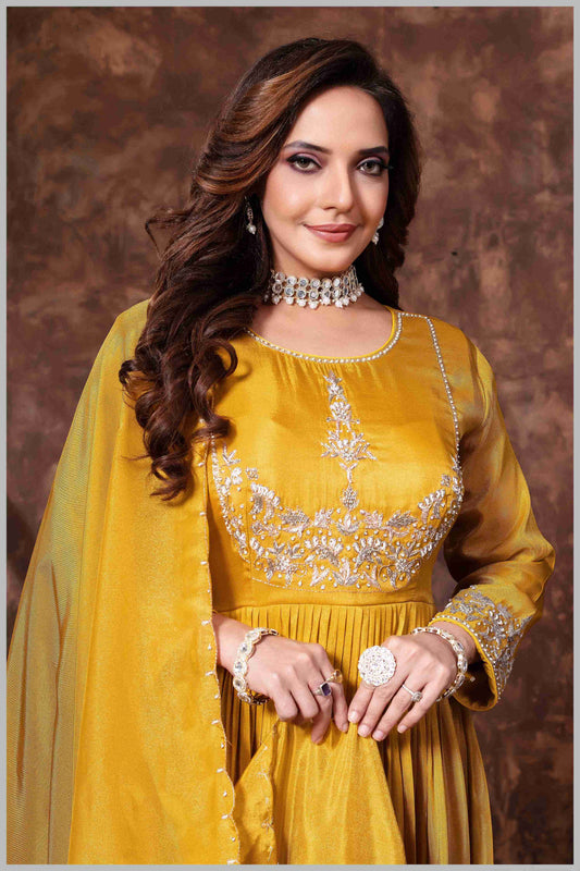 Mustard Anarkali with Golden Thread Embroidery