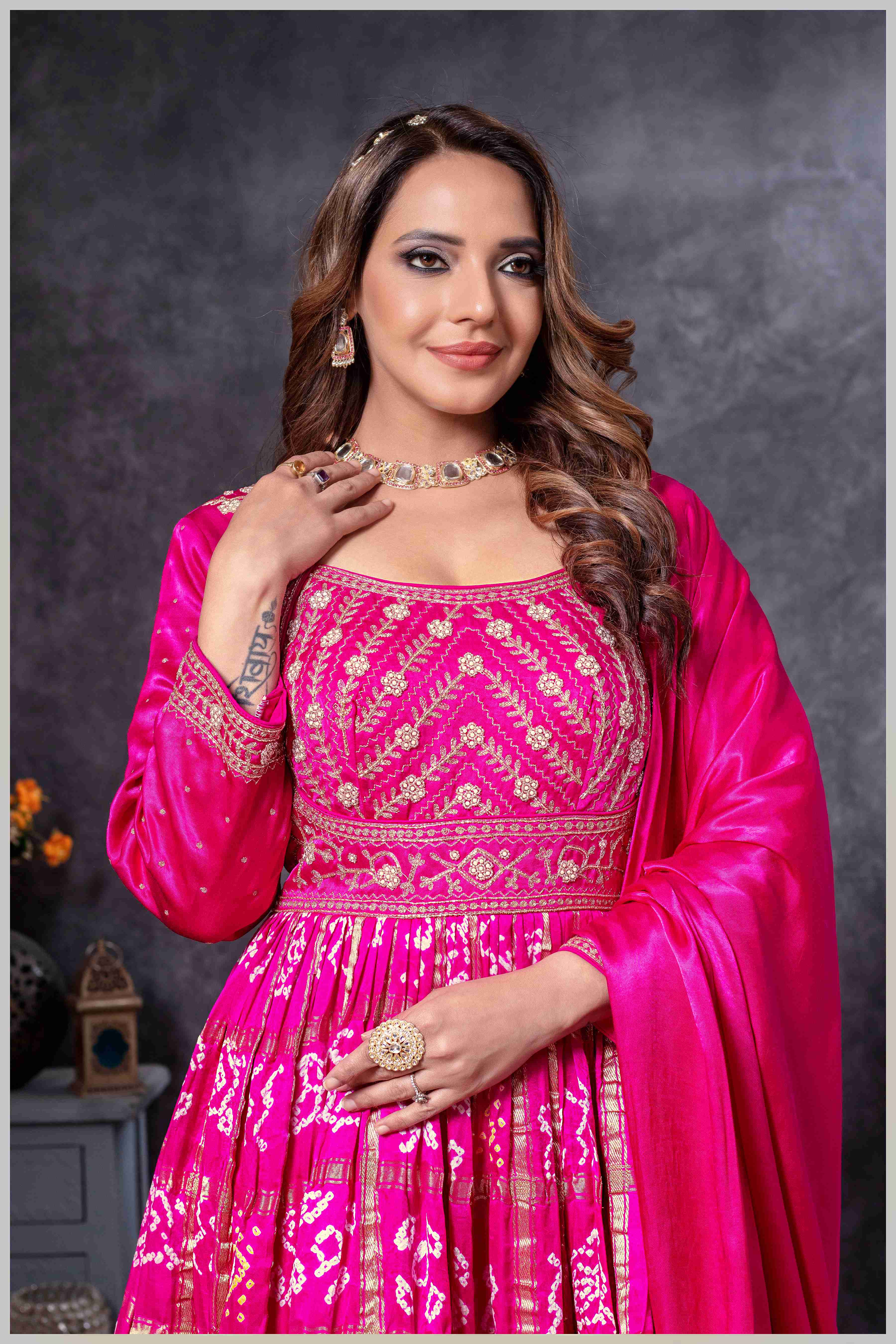 Pink Mirror Anarkali with Bandhej-Style Dupatta