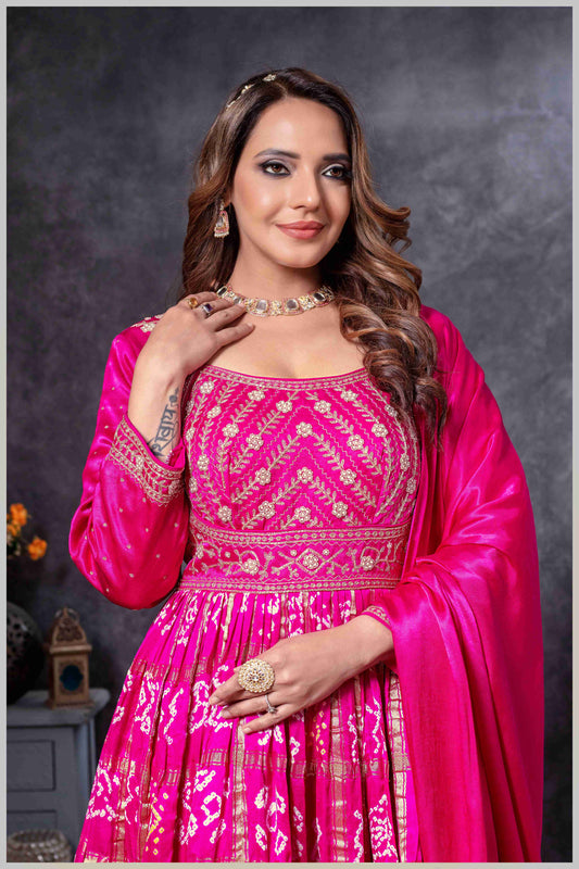 Pink Mirror Anarkali with Bandhej-Style Dupatta