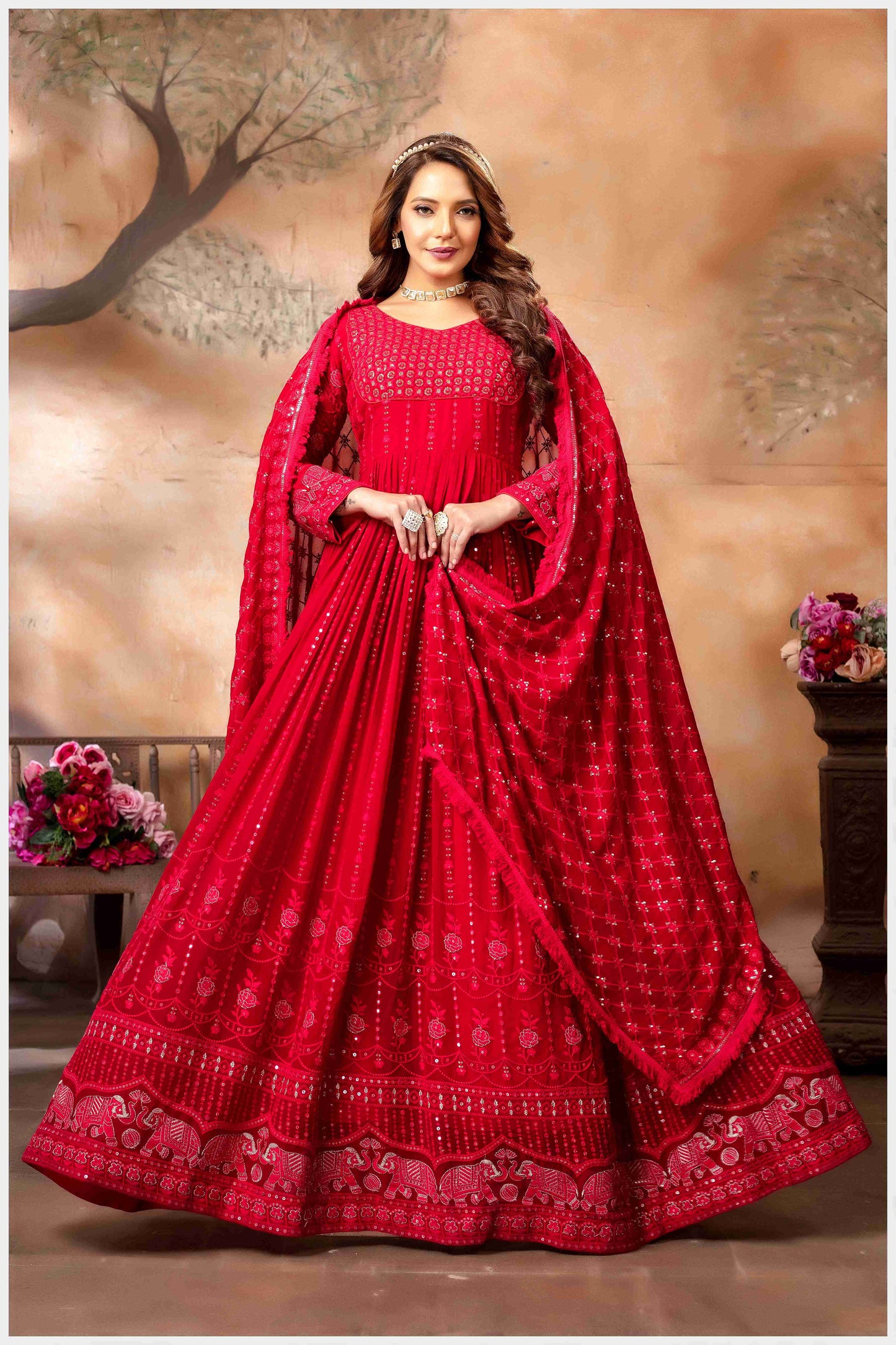 Red Lucknowi Anarkali Gown with Mirror Work and Embroidered Dupatta