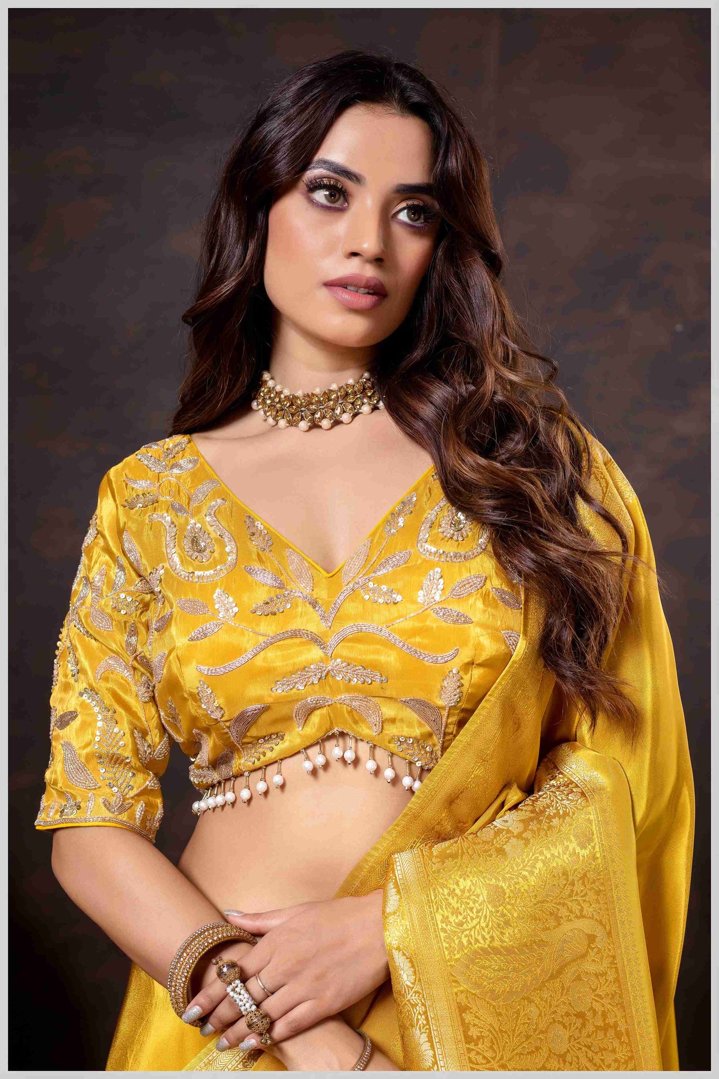 Elegant Mustard Designer Tissue Saree with Embellished Blouse.