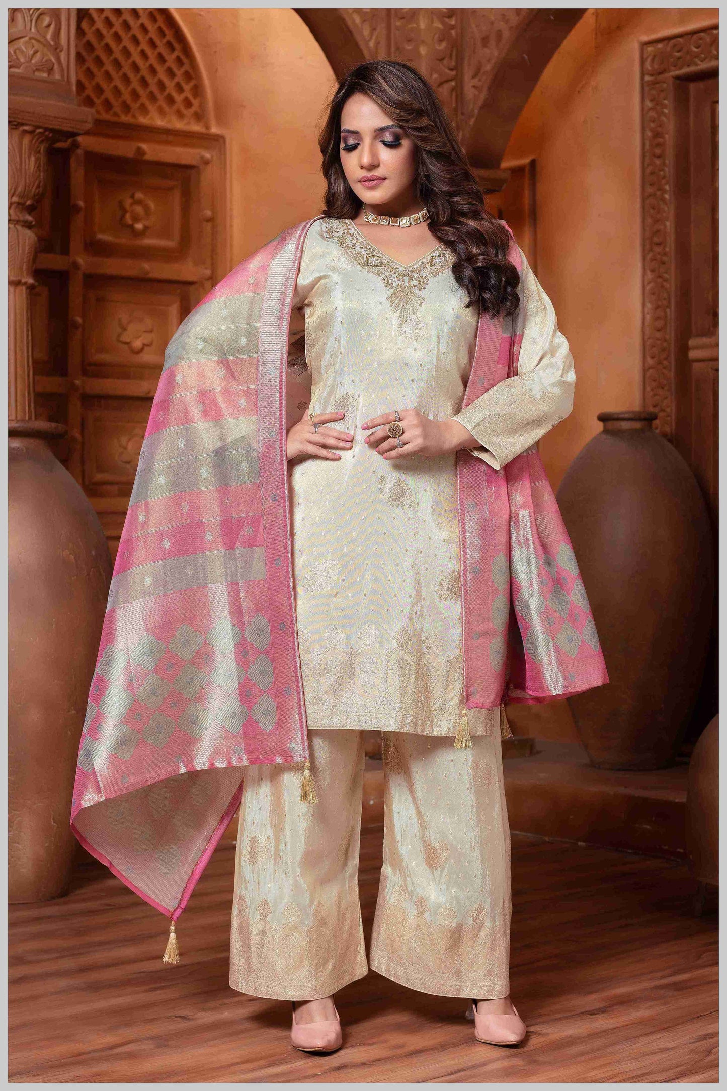 offwhite Tissue Plazo Set with Zari Woven Detailing